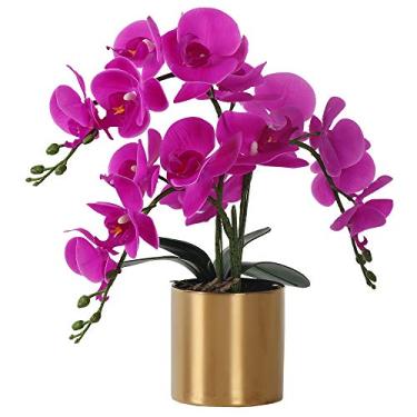 Imagem de LESING Orquídea artificial com vaso, orquídea branca bonsai falso orquídea Phalaenopsis arranjos de vasos para decoração de casa (roxo, vaso dourado)