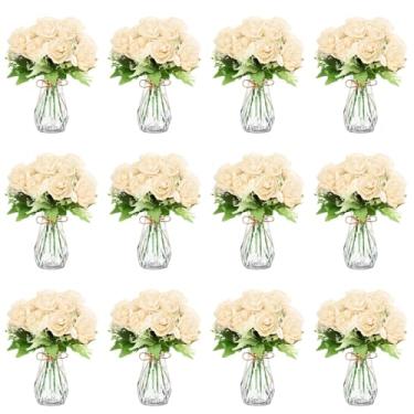 Imagem de Zeyune Pacote com 37 flores de peônias artificiais com vaso de botão, 24 pacotes de buquês de peônias de seda, 12 vasos de plástico transparente com 1 corda de flores falsas para vasos de mesa de