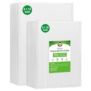 Imagem de Syntus Sacos seladores a vácuo, 300 litros 20,3 x 30,5 cm e 15,2 x 25,4 cm, saco pré-cortado de grau comercial, sacos de vácuo de alimentos sem BPA para armazenamento, preparação de refeições ou sous