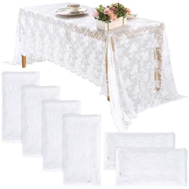 Imagem de Honeydak 6 peças de toalha de mesa de renda retangular 152 x 300 cm toalha de mesa de casamento rústica sobreposta rosa vintage bordada recepção de casamento decoração de mesa para festa de chá de