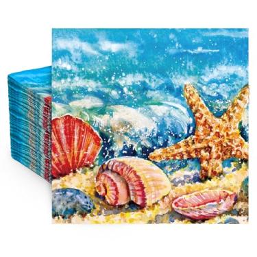 Imagem de FYSUIMU Guardanapos de papel de praia náuticos verão aquarela estrela do mar papel concha guardanapos descartáveis Havaí litoral almoço jantar toalhas de mão para oceano tropical mar piscina festa
