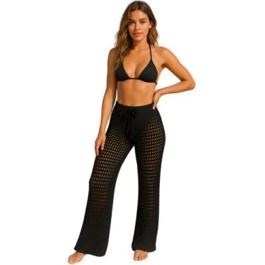 Imagem de Saída De Praia Calça Tricot Crochê Pantalona Alto Verão Cintura Alta M
