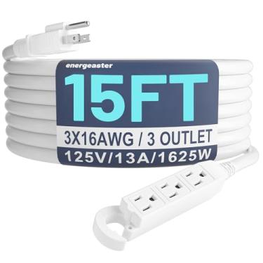 Imagem de energeaster Cabo De Extensão 16/3 15 Pés Com 3 Tomadas, À Prova D'Água, Para Áreas Externas, Branco, Várias Pinos Múltiplos, 13A, 1625W, 16Awg