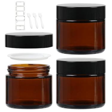 Imagem de Haneye Potes De Vidro Redondos Âmbar 2 Oz, Pacote Com 3, Tampas Pretas, Recipientes Para Cosméticos, Cremes, Loções Faciais, Pó, Velas, Especiarias, Manteiga Corporal