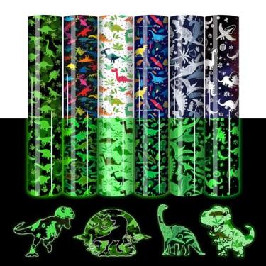 Imagem de HTVSTD Adesivo De Vinil Htv Que Brilha No Escuro - 6 Folhas 12'' X 10'' Com Estampa Dinossauro Pequeno, Transferência Térmica Para Camisetas