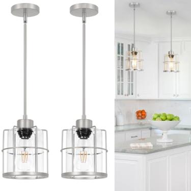Imagem de DSMJFU Conjunto De 2 Luminárias Pendentes Modernas Níquel Escovado Dsmjfu, Ilha Cozinha Com Cilindro Vidro Transparente, Pendente Ajustável Estilo Fazenda Para Sala Jantar E Corredor