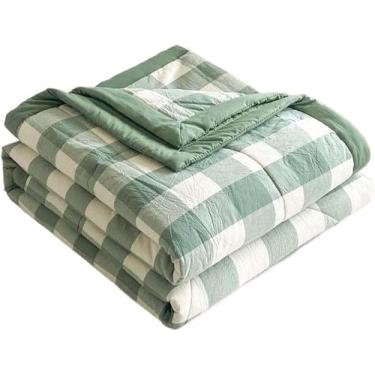 Imagem de Colcha para cama de verão/primavera, colcha de algodão, patchwork, design reversível, xadrez, bege, edredom, cama de casal, forrada e acolchoada, cobertor verde, 100 x 150 cm