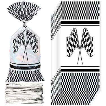 Imagem de 100 peças de sacos de guloseimas de carro de corrida celofane carros sacos de doces plástico presente de brindes de corrida com 200 peças de laços torcidos para artigos de festa de carro de corrida