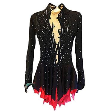 Imagem de BIGHUOZHIWU Vestido de patinação no gelo preto feito à mão para mulheres, meninas, patinação artística, saias, vestido de patinação, Preto, M