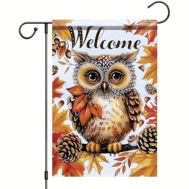 Imagem de Starlit Patio Bandeira de jardim de outono de ação de graças, bandeira de coruja 30,5 x 45,7 cm, folha dupla face, pinha, bolota, jardim, outono, decoração ao ar livre, para varanda, gramado, caminho