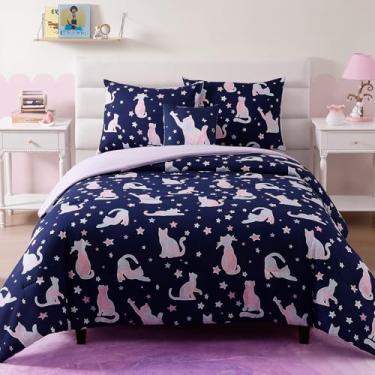 Imagem de Wink Deer Conjunto de edredom casal para meninas, meninos, 4 peças, gato fofo, 1 edredom, 2 fronhas e 1 travesseiro decorativo