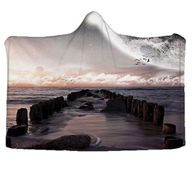 Imagem de Cobertor com capuz, lua fantasia planeta praia com cais velho com ondas do mar ficção eclipse céu paisagem, cobertor vestível para sofá bebê crianças homens mulheres, L 127 x C 101 centímetros rosa