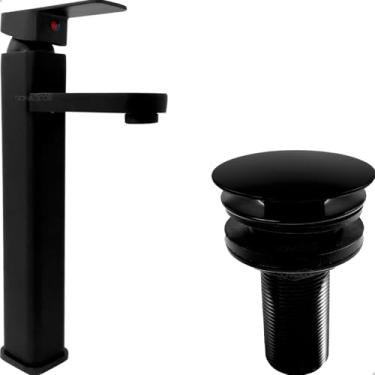 Imagem de Dona D Cor, Kit Torneira Preta Fosca Bica Alta Inox Monocomando Misturador e Válvula Click 7/8 Lavabo Banheiro Pia Água Quente Fria Design Moderno Aço Inox