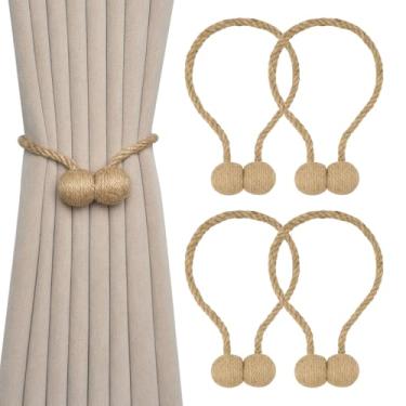 Imagem de NICEEC Pacote com 4 laços magnéticos de corda de juta natural para cortina estilo rústico estilo rústico drapeado drapeado elegante feito à mão para cortinas de casa e escritório (Ball-B)
