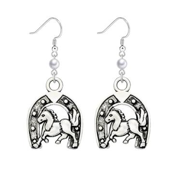 Imagem de Dreuyet Wrangler Brincos de pérola ocidental rústica Couture brincos em forma de ferradura em forma de U brincos pendentes country concho brincos chapéu bota brincos declaração joias para mulheres,