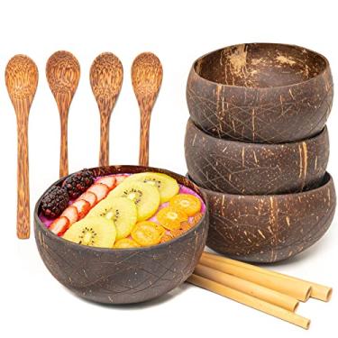 Imagem de Rainforest Bowls Conjunto de 4 tigelas de coco jumbo onduladas, 4 colheres de madeira e 4 canudos de bambu reutilizáveis - 100% natural, esculpido à mão por artesãos, ecologicamente correto e