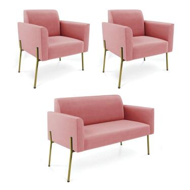 Imagem de Sofá Namoradeira E 2 Poltronas Pé De Ferro Dourado Marisa Suede D03 Rose