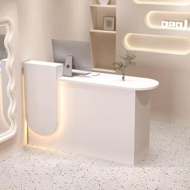 Imagem de Balcão De Recepção Com Luzes Led E Gaveta Trancável Balcão De Varejo Recepção Recepção Sala De Recepção Mesa Para Checkout Escritório Salão De B, Oak Color + White (Left High), 31.5"x19.7"x33.5"