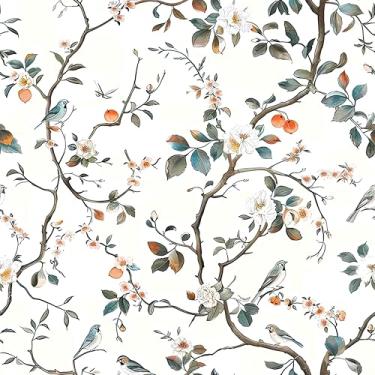 Imagem de Papel de parede floral branco descasque e cole vintage verde pássaro flor ramos laranja fruta autoadesivo removível papel de parede impermeável papel de contato para quarto, banheiro, locatário