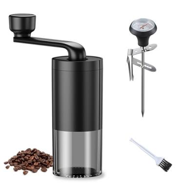 Imagem de Moedor de café manual com rebarba de cerâmica – ajustável para prensa francesa expresso – manivela, portátil para acampamento, viagem para casa – com termômetro de café a 100 °C (conjunto preto)