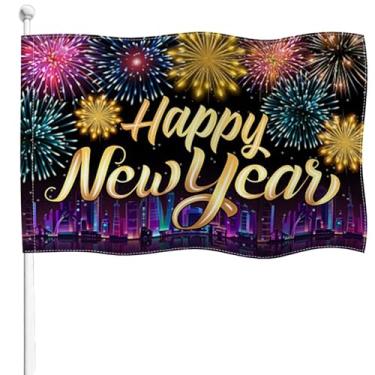 Imagem de YongFoto Bandeira de Feliz Ano Novo 1,2 x 1,8 m Serapilheira Dupla Face 2026 Fogo de Artifício Colorido Cidade Vista Noturna Arranha-céus Quatro Lados Costura Brilhante Cor Viva Resistente ao