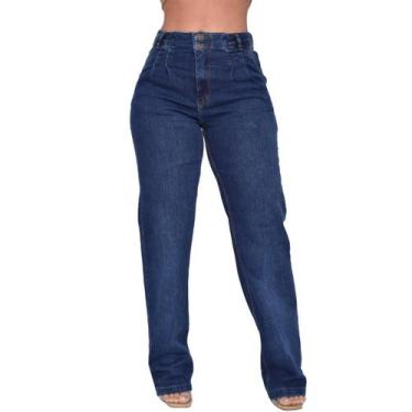 Imagem de Calça Jeans Wide Leg Reta Dois Botões Pregas na Cintura  Pantalona Mod