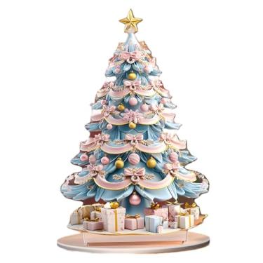 Imagem de Fenteer Placa de árvore de Natal 2D, enfeite de acrílico, presentes, arte colecionável, decorações para escritório, quarto, mesa, mesa, centro de mesa, Azul Rosa