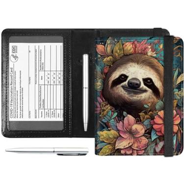 Imagem de Combo de couro PU com bloqueio de RFID para passaporte e cartão de vacina, capa carteira feminina para passaporte de viagem com faixa elástica e caneta, Lindo preguiça, Carteira RFID