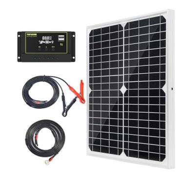 Imagem de Kit Painel Solar 20W 12V Monocristalino com Controlador de Carga Solar 10A + Cabo de Extensão com Garras para Bateria e Terminal Olhal para Motorhome, Barco, Uso Marítimo e Sistema Off-Grid