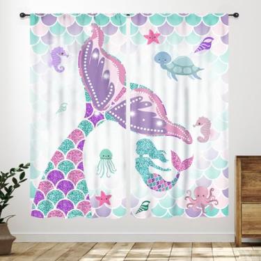 Imagem de Cortinas de sereia para quarto de meninas, fantasia princesa arco-íris colorida linda sereia roxa rosa desenho animado animais marinhos cortinas para sala de estar quarto de crianças 2 painéis, 106 x