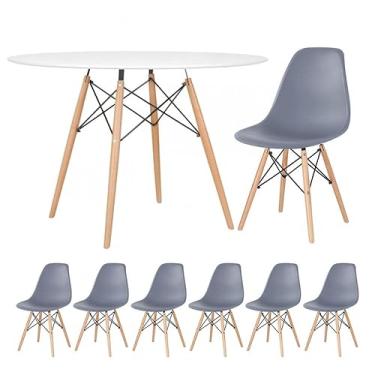 Imagem de Loft7, Kit - Mesa redonda Eames 120 cm branco + 6 cadeiras Eiffel Dsw Cinza escuro