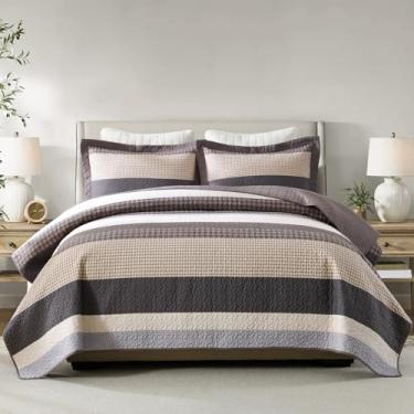 Imagem de SahSahCasa Conjunto de colcha Queen, 100% algodão, conjunto de edredom queen listrado, conjunto de cama queen de fazenda, colcha de cama leve reversível para todas as estações, marrom café/bege/cinza