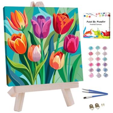 Imagem de JUJUHOOD Kit de pintura emoldurada de flor de tulipa por números para adultos iniciantes e crianças de 8 a 12 anos, pintura fácil por número sem cavalete, pintura simples por números para decoração de