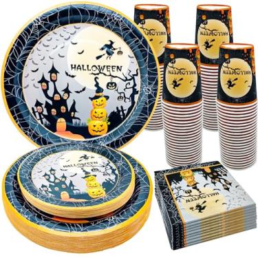 Imagem de Conjunto de 96 peças de decoração de festa de Halloween, pratos de papel, pratos de abóbora, guardanapos para casa assombrada assustadora, decoração de aniversário, serve 24