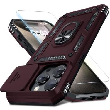Imagem de Janmitta Capa para iPhone 15 Pro, capa de lente de câmera deslizante embutida + protetor de tela, capa de telefone de corpo inteiro resistente à prova de choque com suporte de anel de dedo, vinho