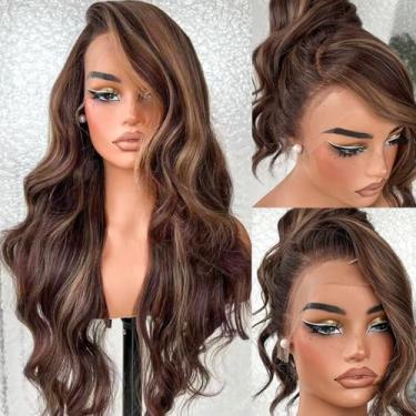 Imagem de Peruca frontal de renda 13x6 HD sem cola pré-arrancada densidade 200 ombré mel loiro destaques cabelo humano sintético longo ondulado frontal peruca frontal pronta para usar 66 cm #4/30 Ombre loiro