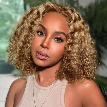 Imagem de HIRIREMY Ombre Highlight Deep Wave Curly BOB Lace Front Wigs para mulheres negras cabelo humano pré-arrancado desgaste e não cola 30,5 cm loiro mel 4/27 13x4 HD Lace Frontal Curto Curly BOB perucas