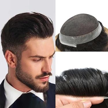 Imagem de LYRICAL HAIR Peruca masculina super fina de renda francesa com sistema de cabelo humano Remy pele de poliéster transparente ao redor de perucas para homens substituição de peruca de pele de renda