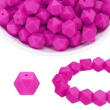 Imagem de HARFINGTON 96 contas de silicone 14 mm contas focais hexagonais de borracha a granel para canetas, chaveiro, pulseira, colar, artesanato, faça você mesmo, rosa roxa