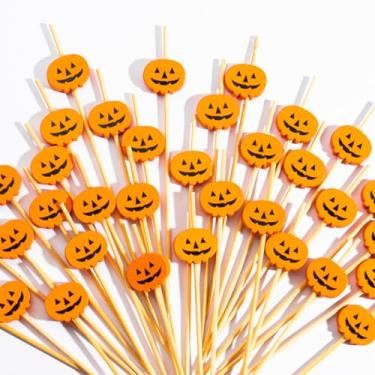 Imagem de 100 peças de decoração de palitos de abóbora de Halloween, espetos de frutas fantasma de abóbora, palitos de comida, aperitivo de bambu, palitos de madeira laranja para decoração de bolo de Halloween