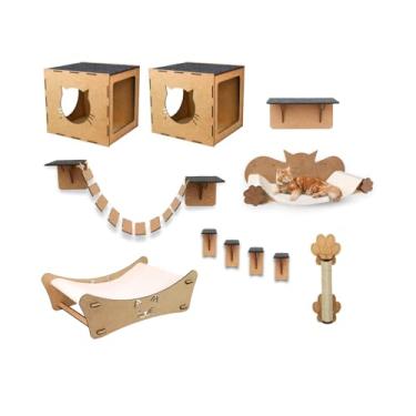 Imagem de Mondo Box Parquinho de Gato Suspenso com 11 Peças em MDF – Playground de Parede para Gatos com Ponte, Arranhador, Degraus, Nicho, Cama, Rede e Brinquedos para Gatos Adultos e Filhotes