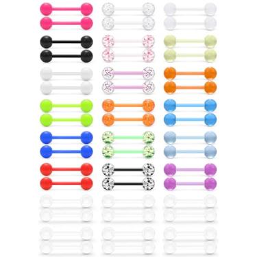 Imagem de Prjndjw 48 peças 14G 16 mm 14 mm 14 mm Anel de mamilo de plástico flexível acrílico barra reta piercing corporal para mulheres homens língua NIppie piercings, Acrílico