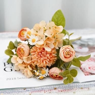 Imagem de Flores artificiais de seda, rosas, buquê de girassol, decoração para casa, casamento, festa, flores falsas, vaso de scrapbook, arranjo de jardim (laranja, amarelo)