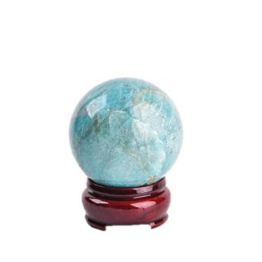 Imagem de JIC Gem Bola de cristal de amazonita natural com suporte de madeira, esferas de pedra preciosa mineral de energia de cura polida para decoração de chakra de Reiki Fengshui (40-50 mm)