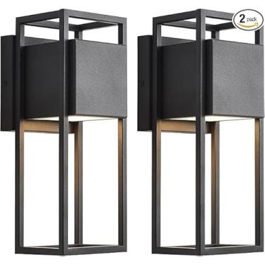 Imagem de GOOUQA 2 peças de luminárias externas para montagem na parede, arandela de parede externa de LED preto, arandelas de luz modernas decoração de parede para varanda pátio garagem corredor, temperatura