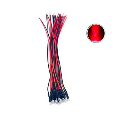 Imagem de 30 peças de luzes LED vermelhas de 12 volts 3 mm com diodos emissores de diodos pré-conectados 12 V CC 12 V, lentes transparentes de água, pequenas lâmpadas LED (topo plano de 3 mm, vermelho (30 peças