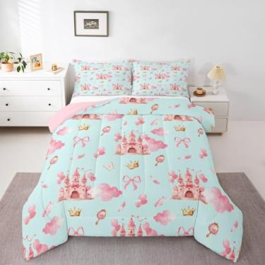 Imagem de Feelyou Conjunto de edredom para meninas, princesa, todas as estações, com laço e 1 fronha, gravata borboleta, microfibra, roupa de cama castelo, decoração de quarto, edredom respirável, macio e leve
