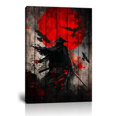 Imagem de Samurai Japonês Retrô Preto e Vermelho Atmosfera Samurai Asiático Armadura Lua Vermelha Pôster Tela Arte de Parede Pôster Bushido Decoração de Casa Moderna Emoldurado para Quarto Sala de Estar