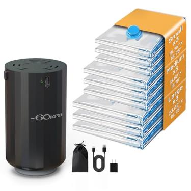 Imagem de Ljusved Sacos de vedação a vácuo para viagens com bomba elétrica de alta pressão – Sacos de embalagem a vácuo para armazenamento a vácuo selados para roupas em tamanho de mão, combo com 9