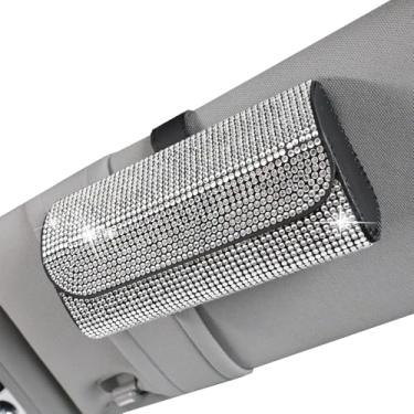 Imagem de Suporte de óculos de sol brilhante para viseira de sol de carro, estojo organizador de óculos de armazenamento com clipe de viseira de carro, estojo organizador de óculos de sol de couro PU para carro